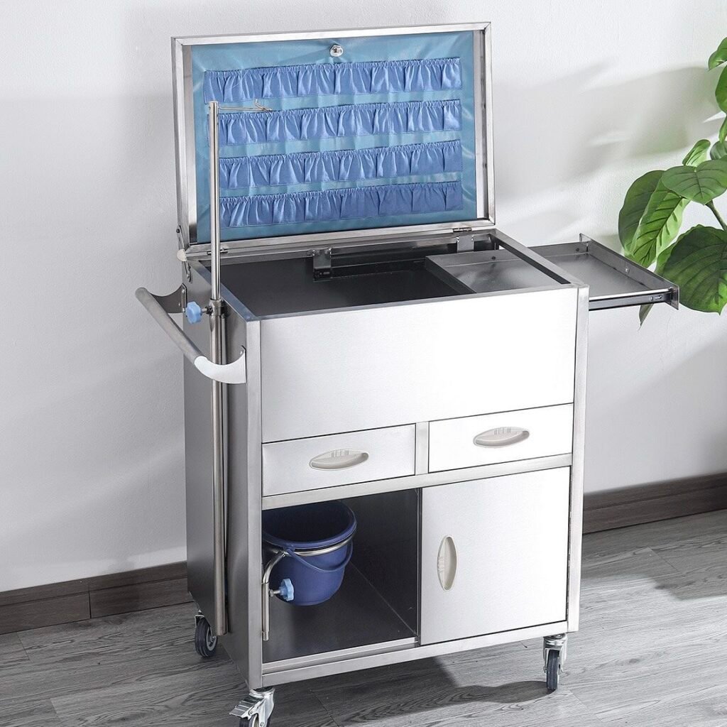 multifunction stainless steel emergency trolley with drawers and storage compartments