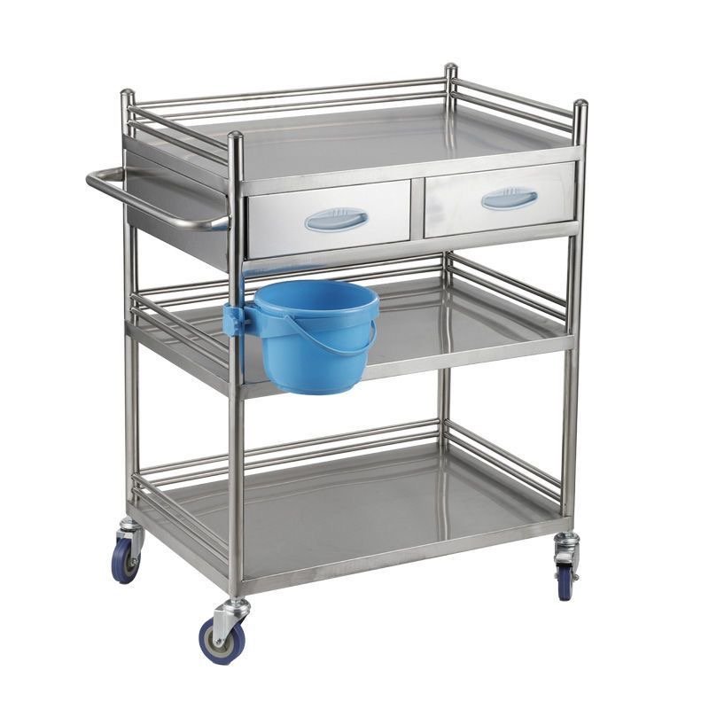 medical stainless steel dressing trolley with double drawers and waste bucket
