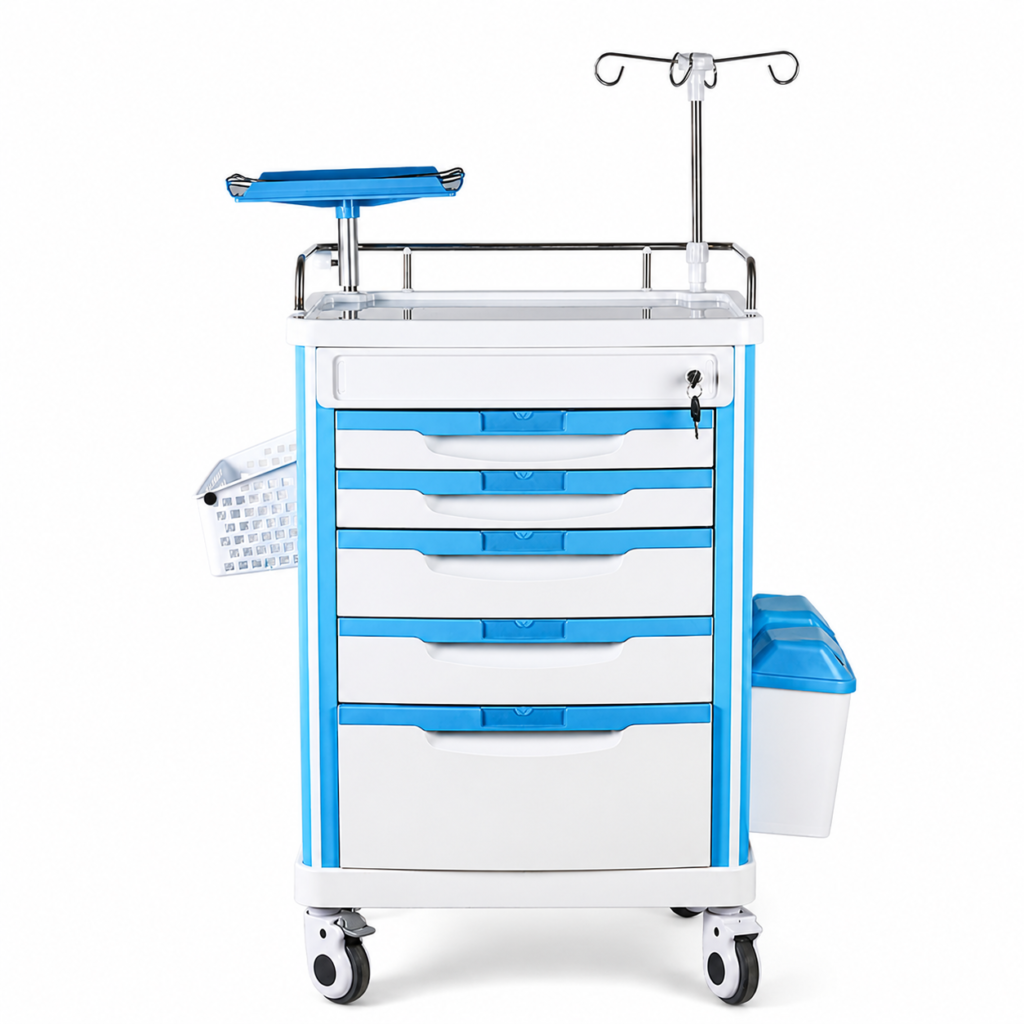 hospital abs emergency crash cart with defibrillator shelf and iv pole