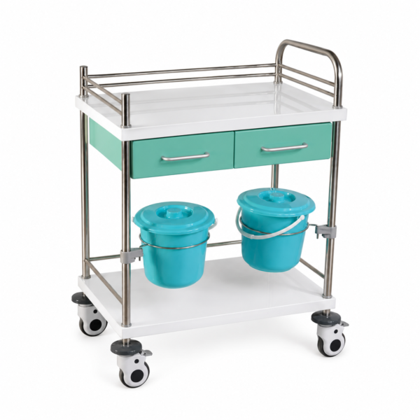 hospital stainless steel treatment trolley with drawers and waste buckets