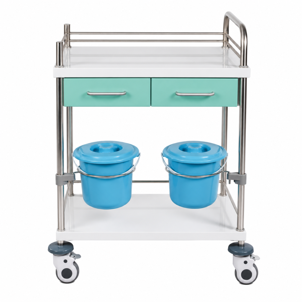 hospital stainless steel treatment trolley with drawers and waste buckets