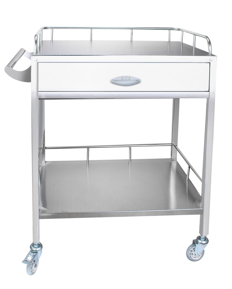 Stainless steel dressing trolley with drawer and shelves for hospital