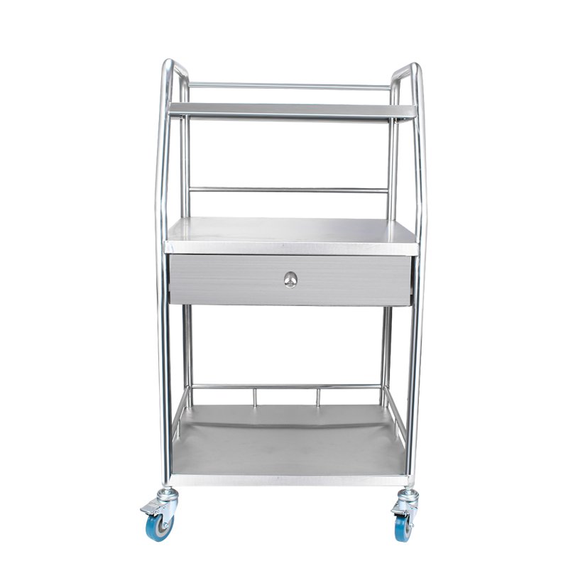 Stainless Steel Nursing Trolley with Drawer and Three Shelves