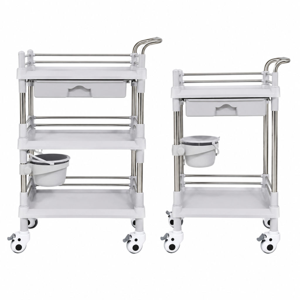 Stainless steel medical dressing trolley with drawer and waste bin