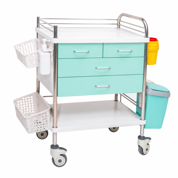 4 drawer medical dressing trolley with waste bin and storage baskets