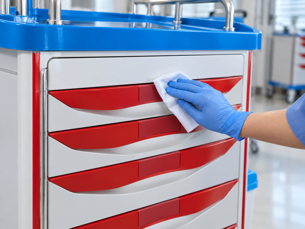 Cleaning the drawer handle and edges of a crash cart