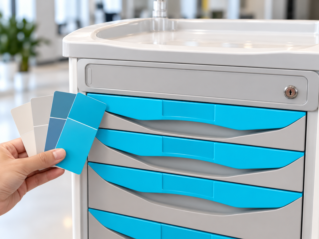Comparing color samples with a crash cart drawer front