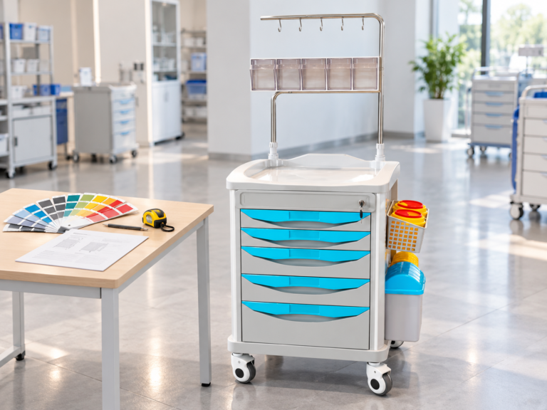 Crash cart with color samples and a specification sheet for OEM customization