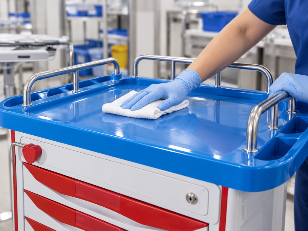 Gloved worker wiping a crash cart worktop