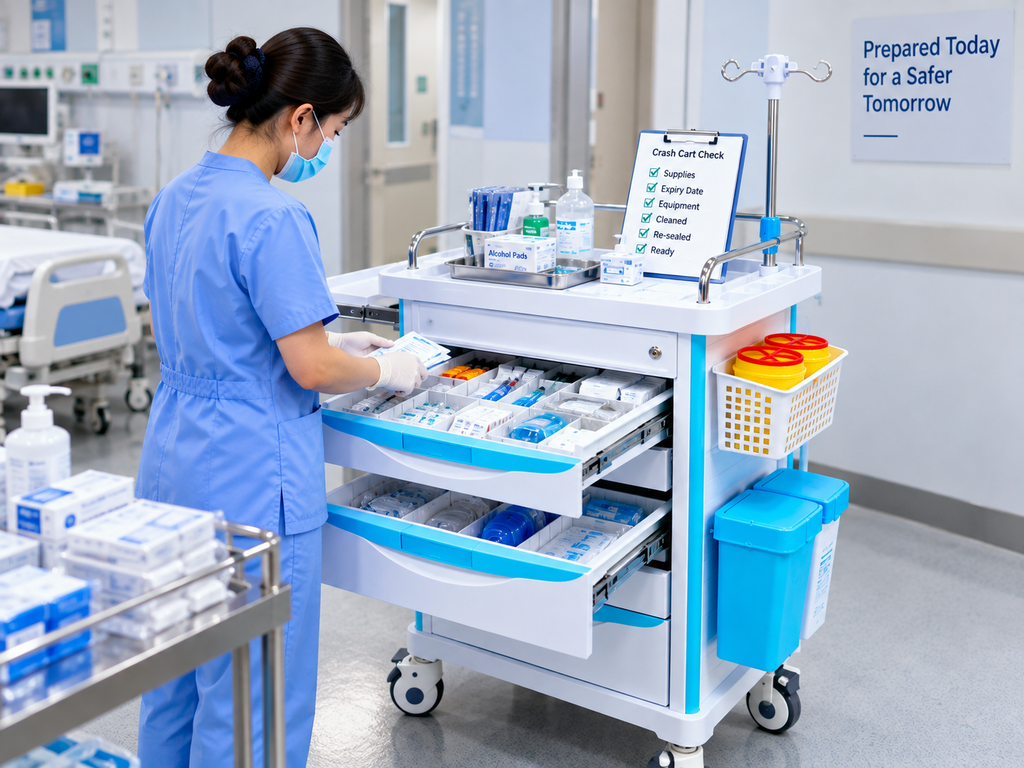 Hospital staff restocking a crash cart after use