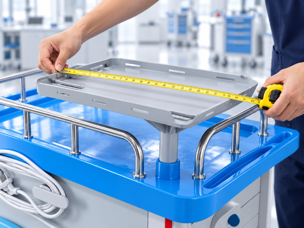 Measuring a crash cart equipment platform before confirming device fit