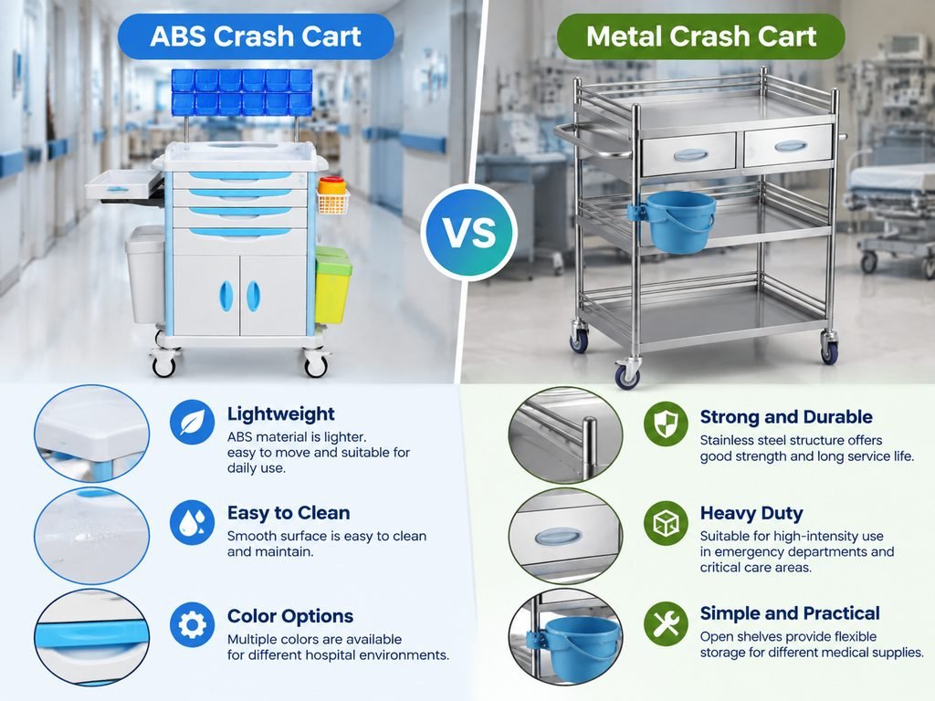 ABS crash cart vs metal crash cart price comparison based on material and features