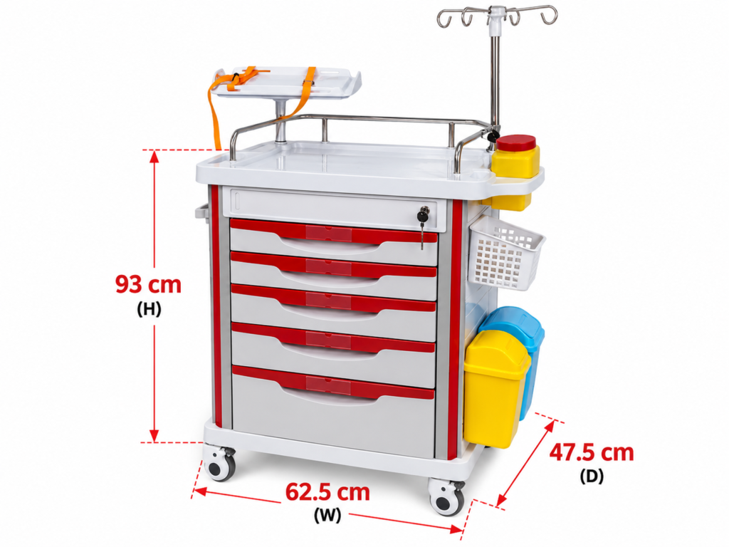 Airomay ABS crash cart dimensions 62.5 cm W × 47.5 cm D × 93 cm H