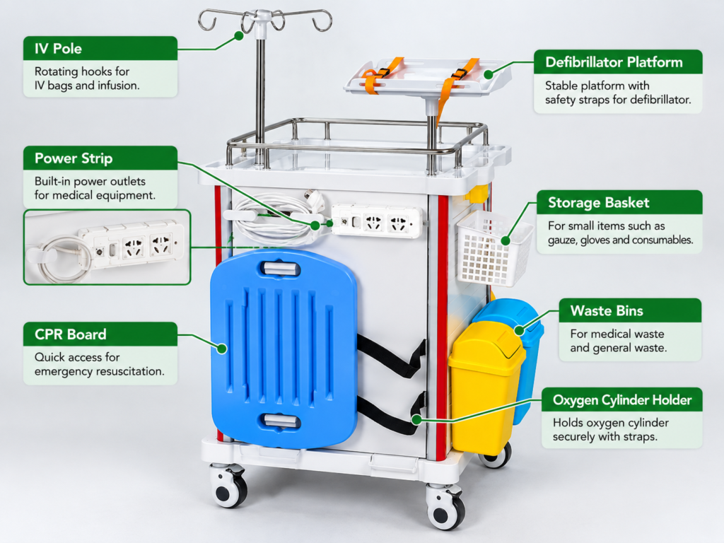 Crash cart accessories including IV pole, CPR board and oxygen cylinder holder