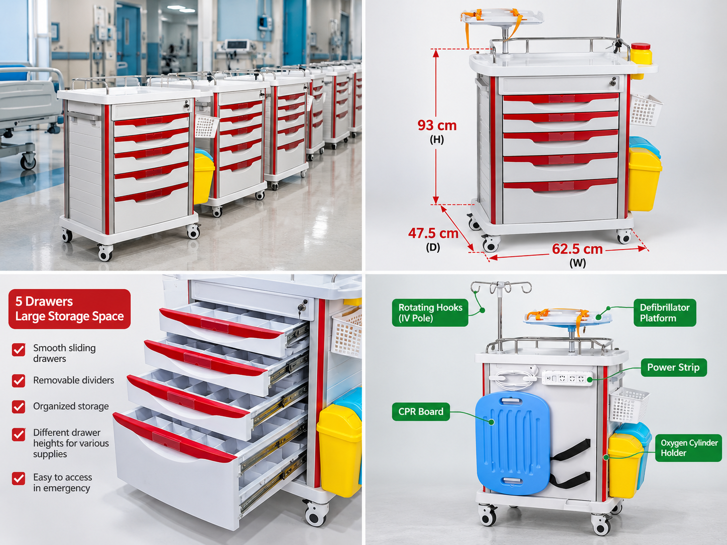 Crash carts in different sizes and configurations