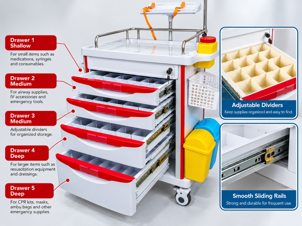 Crash cart drawer configuration with different drawer sizes