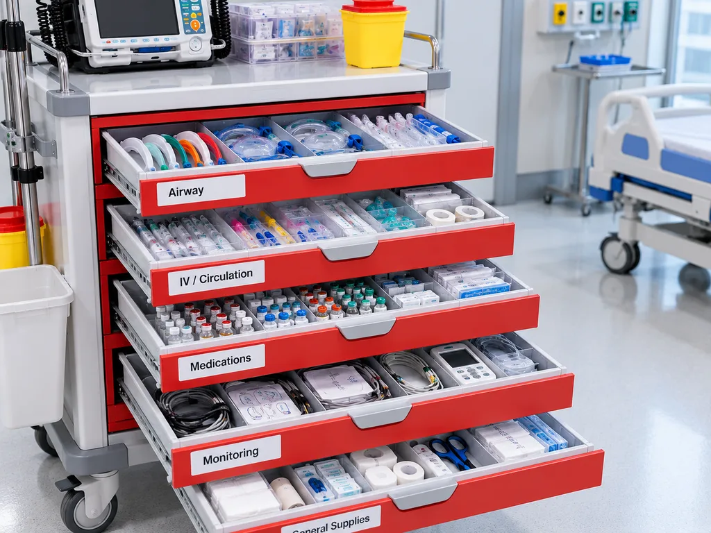 Crash cart drawer organization with medical supplies