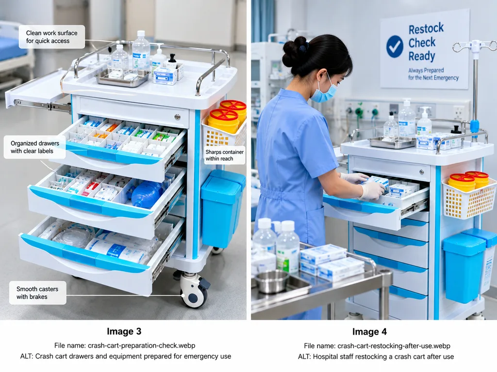 Crash cart drawers and equipment prepared for emergency use