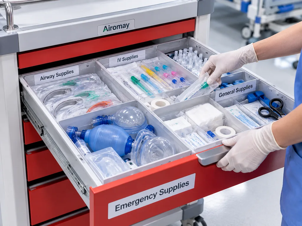 Crash cart supplies organized inside drawers