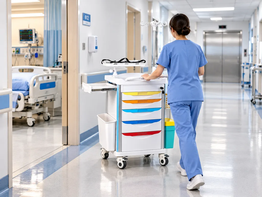Hospital crash cart moving through a hospital corridor