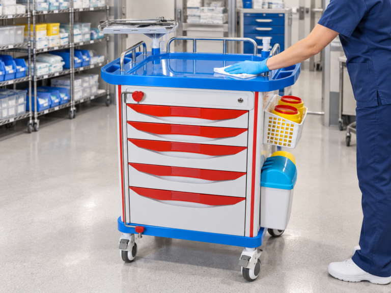 How to clean a crash cart by wiping its worktop