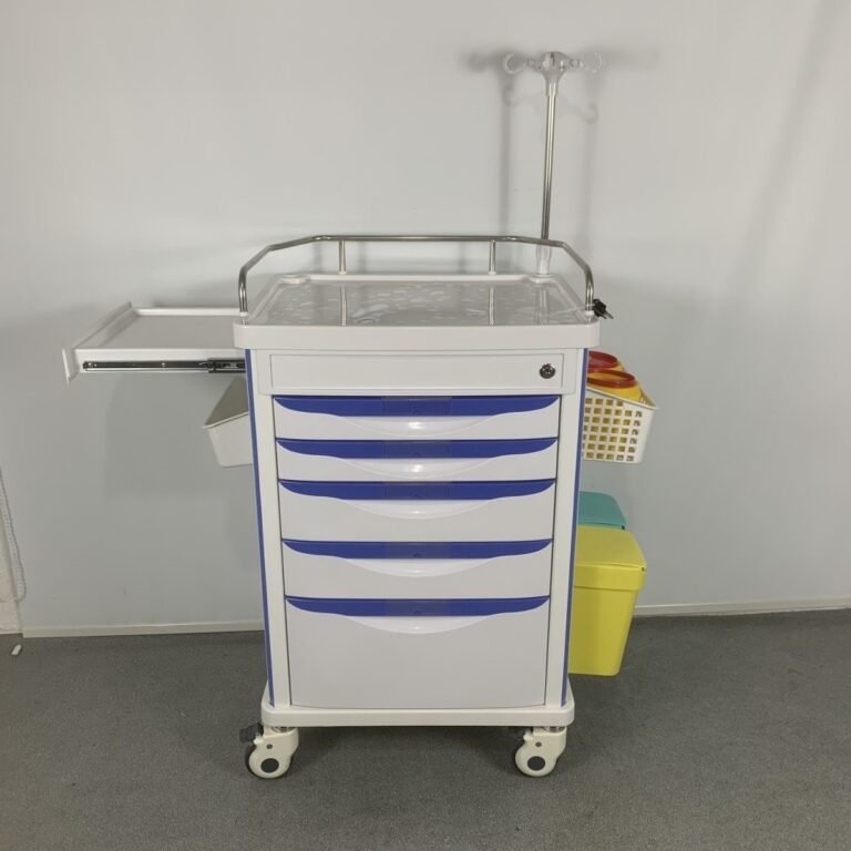 Blue and white crash cart with drawers, IV pole and side accessories
