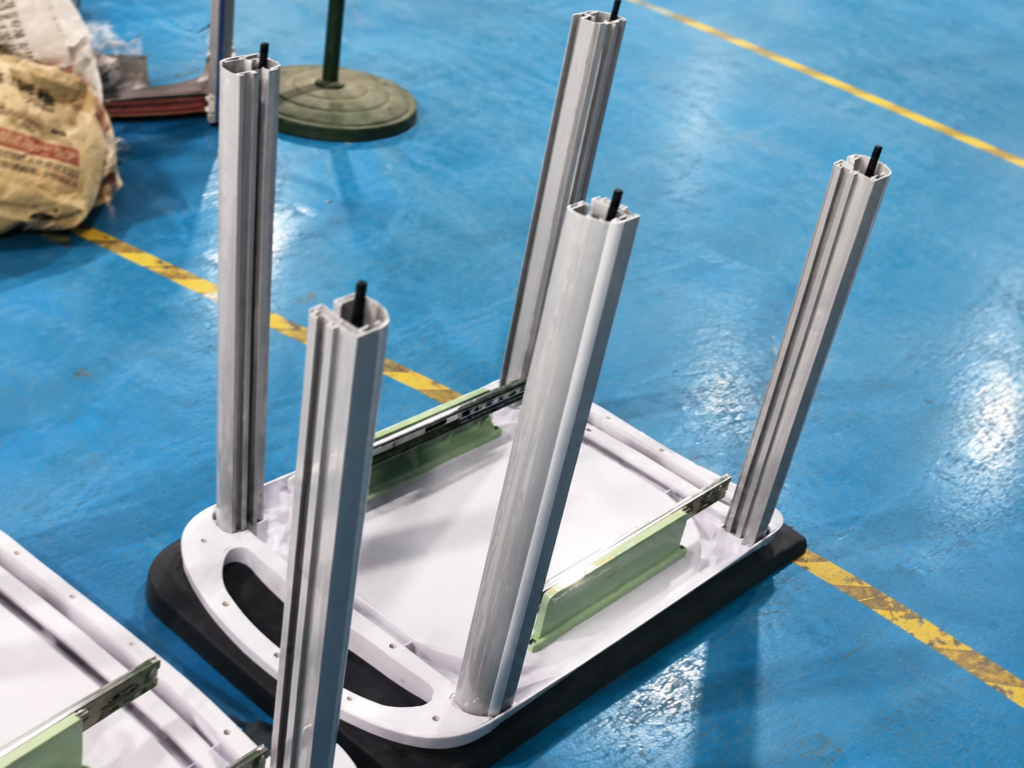 Aluminum uprights and cart bases during assembly
