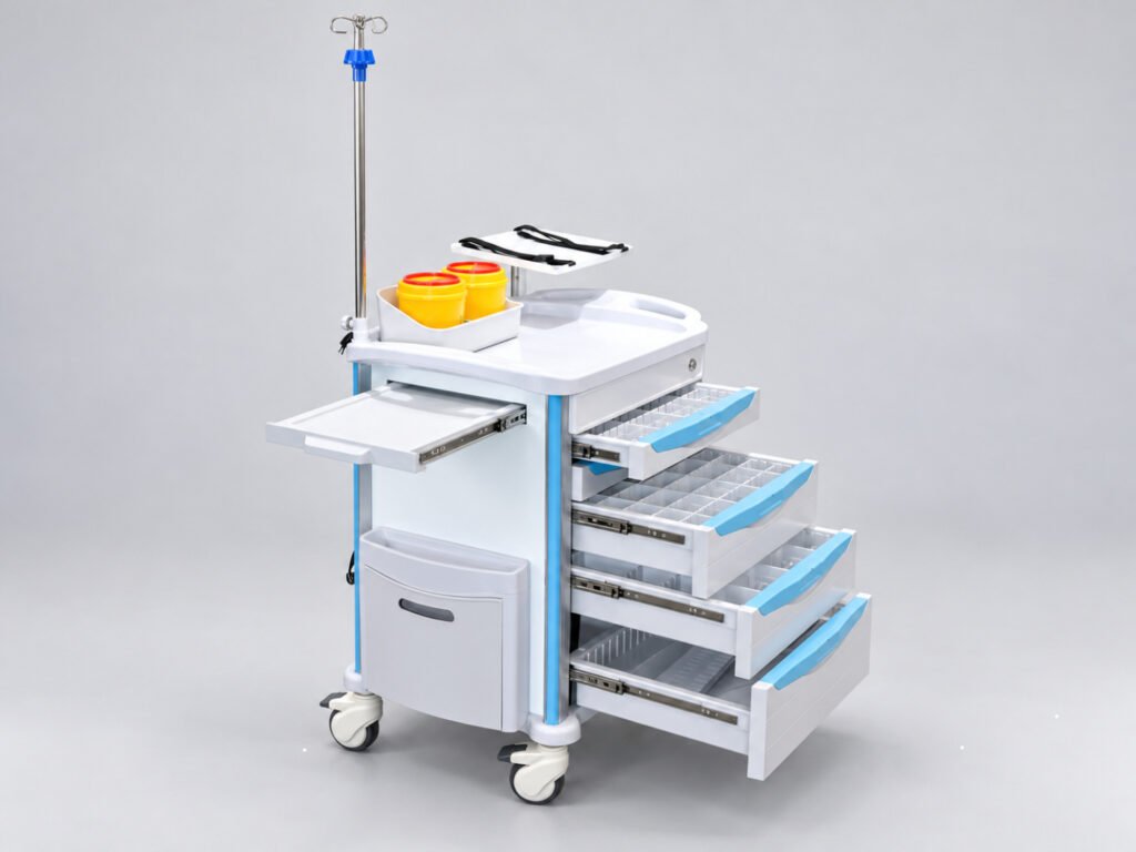 Blue and white crash cart with open drawers and dividers