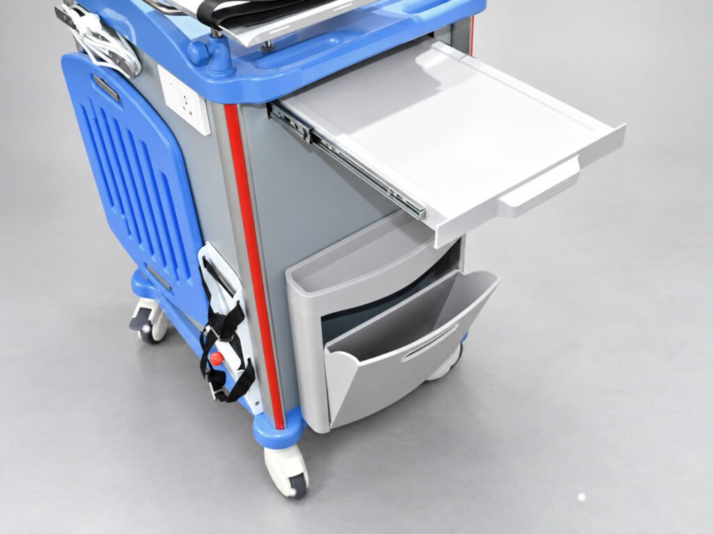 Crash cart side accessories with sliding tray, CPR board and storage bin
