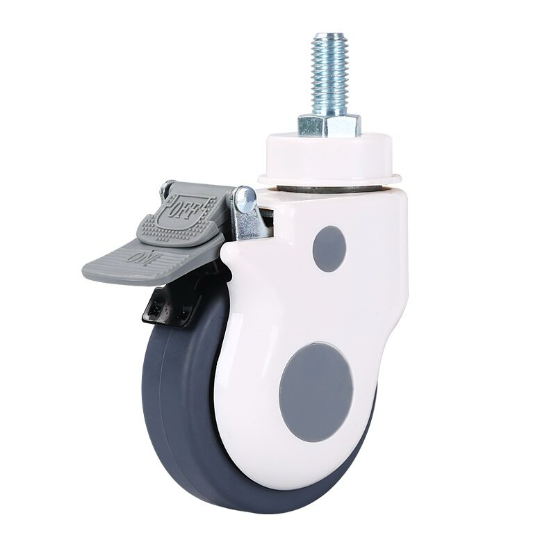 Medical cart caster with brake pedal and threaded stem