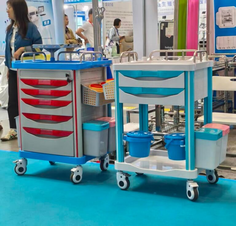 Crash cart casters beneath an emergency trolley