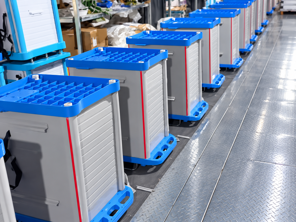 Medical trolley bodies during assembly