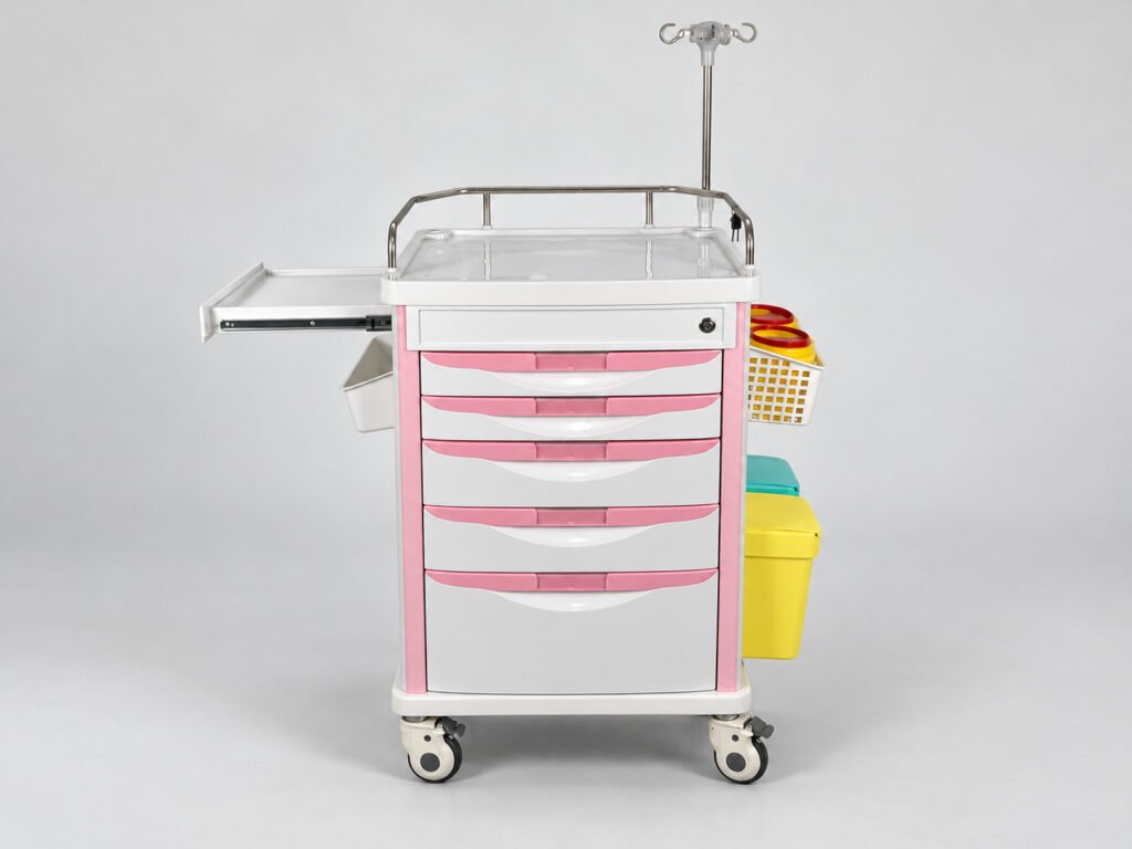 Pink and white crash cart with IV pole and side accessories