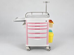Pink and white crash cart with IV pole and side accessories