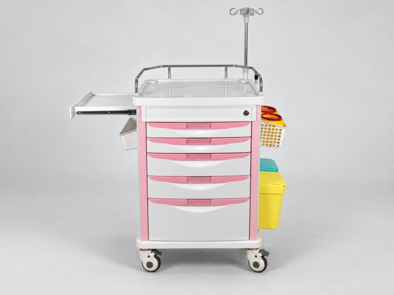 Pink and white crash cart with IV pole and side accessories