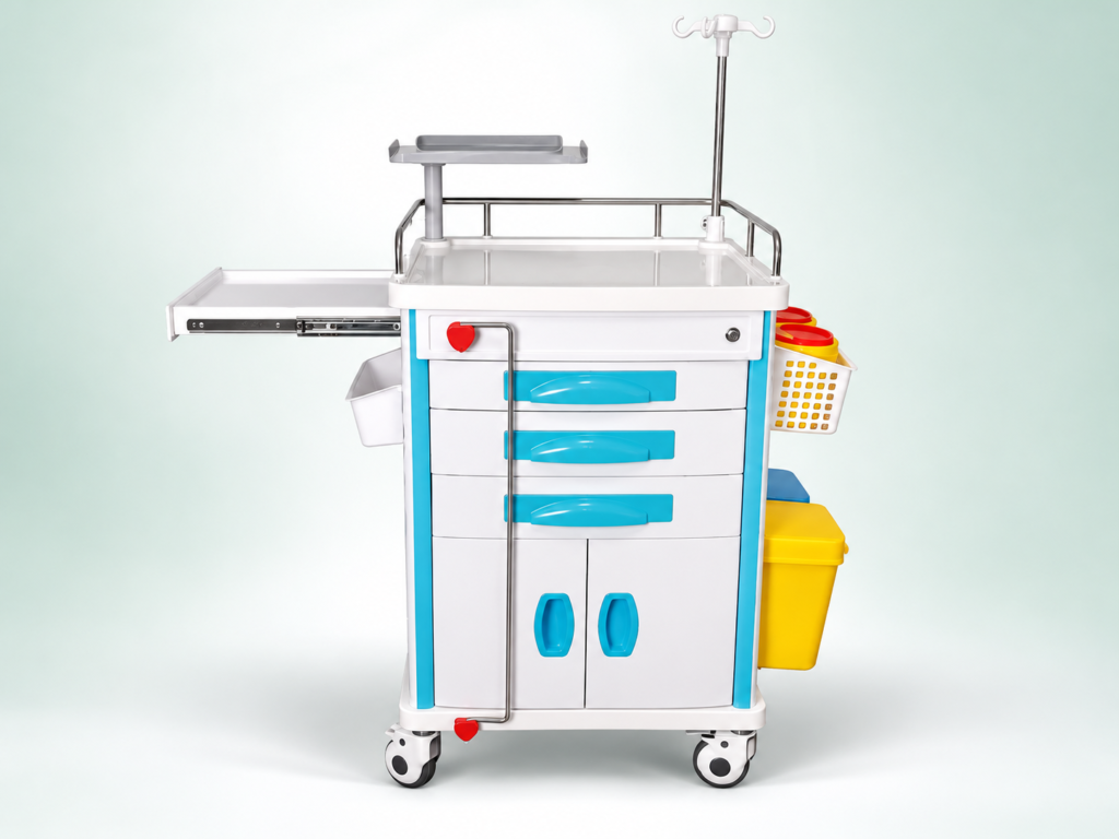 ABS emergency trolley with drawers and side accessories