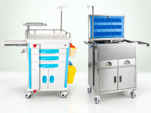 ABS vs stainless steel crash carts shown side by side