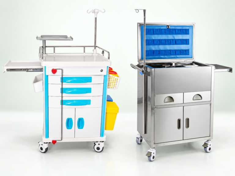 ABS vs stainless steel crash carts shown side by side