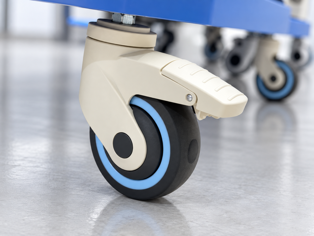 Close-up of a crash cart caster with brake pedal
