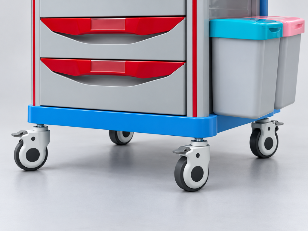Four swivel casters beneath a crash cart base