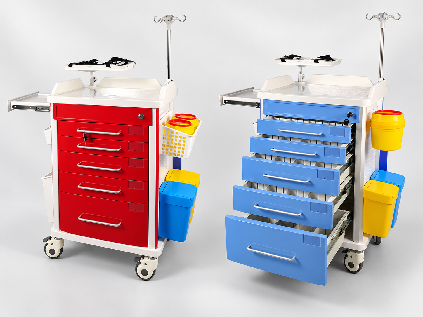 Red and blue crash carts with different drawer colors
