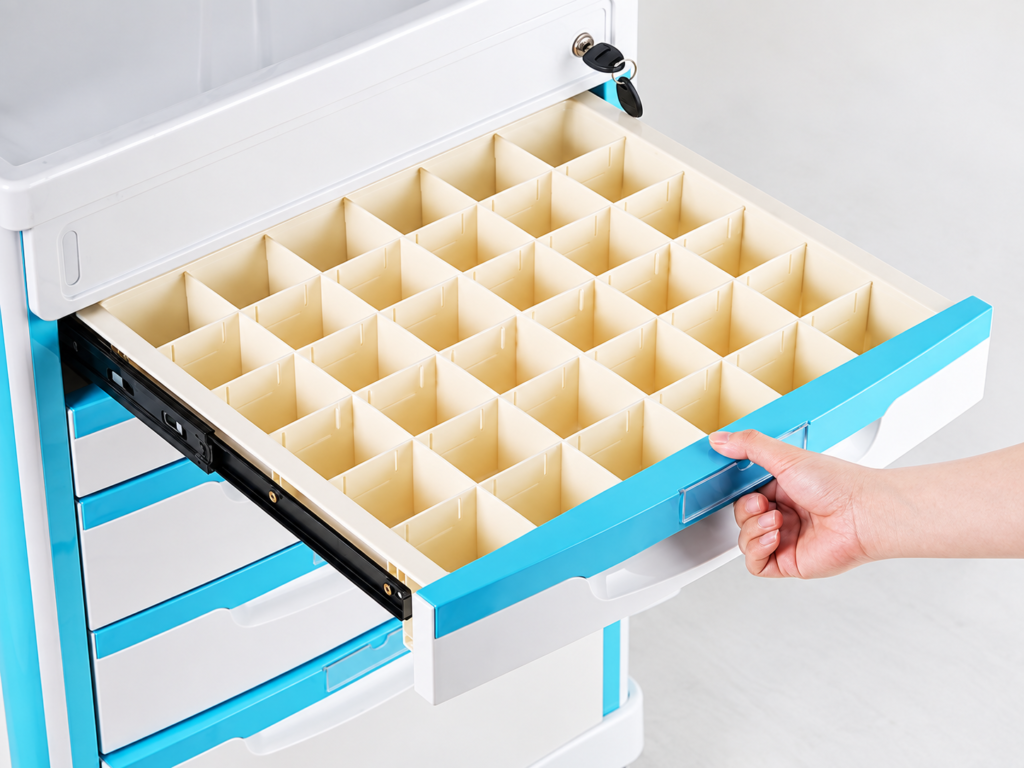 Open crash cart drawer showing dividers and a drawer slide
