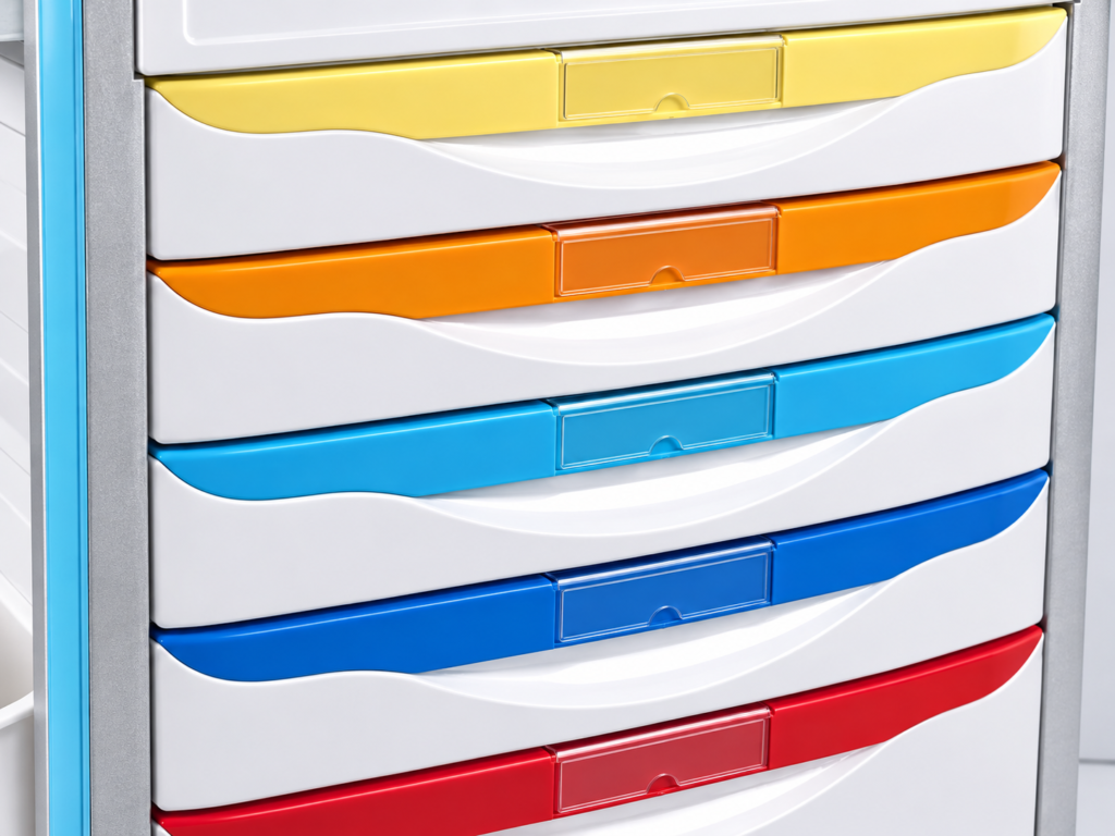 Colored crash cart drawer fronts with blank label holders