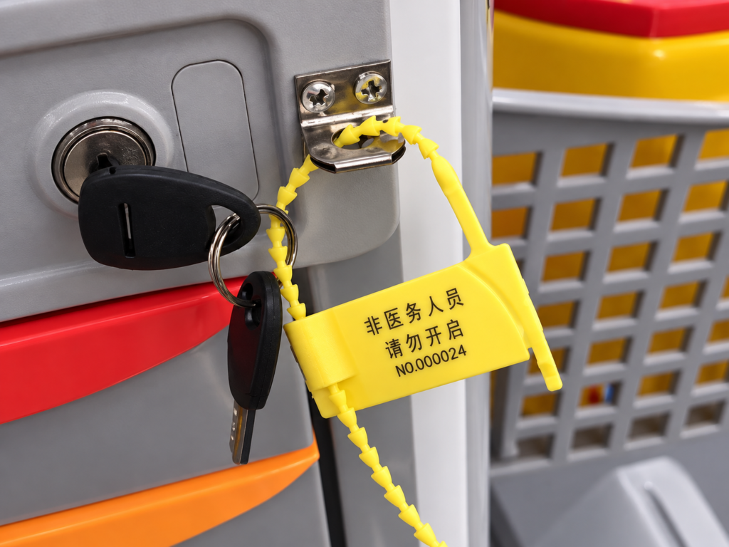 Yellow numbered security seal beside a crash cart key lock