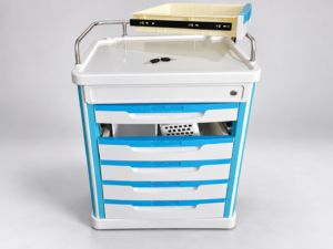 Crash cart locks with a central key lock on a blue and white trolley