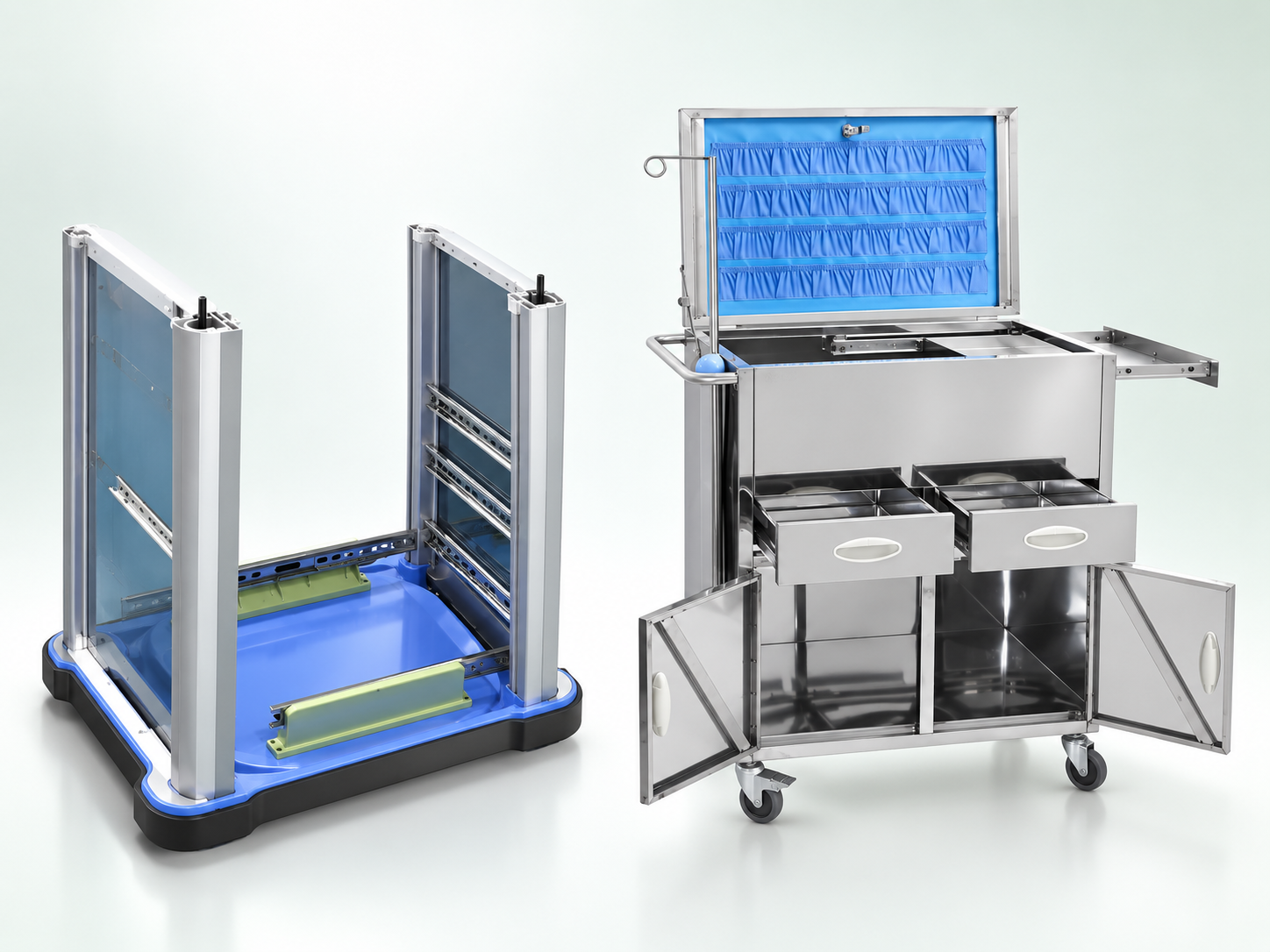 Crash cart materials shown in a trolley assembly and stainless steel cart