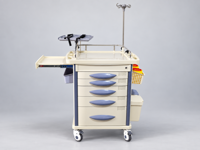 Front view of an emergency trolley with drawers, IV pole and device shelf