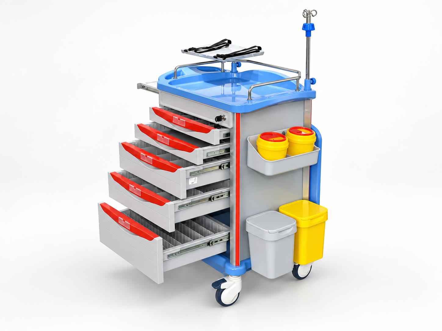 Emergency department crash cart setup with drawers and accessory mounts