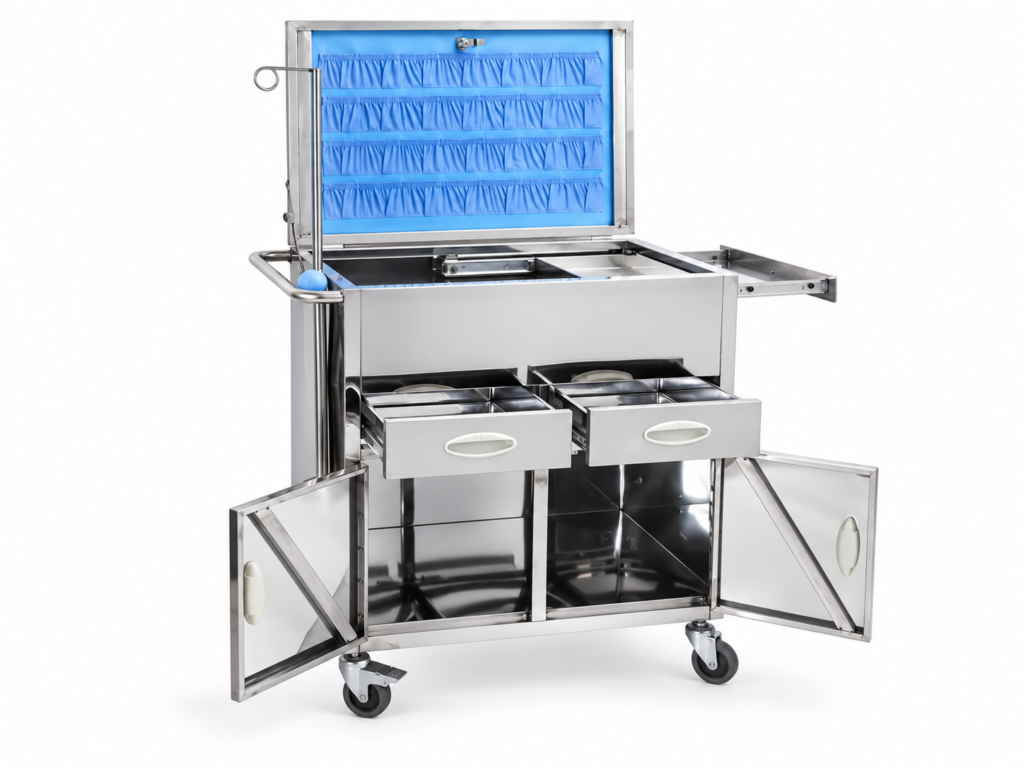 Stainless steel trolley with open drawers and cabinet doors