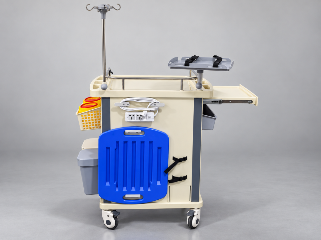 Rear view of an emergency trolley with CPR board and accessory mounts
